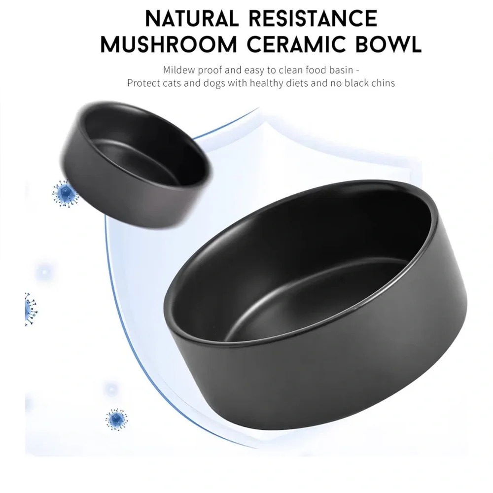 Black Ceramic Dog & Cat Bowl Set W/Wooden Stand